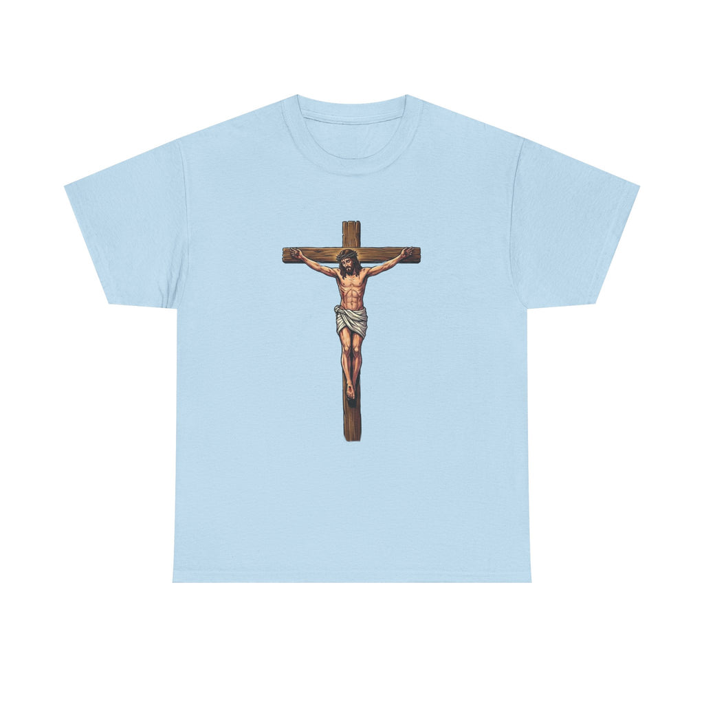 Light blue t-shirt with a graphic of a crucifixion on a white background