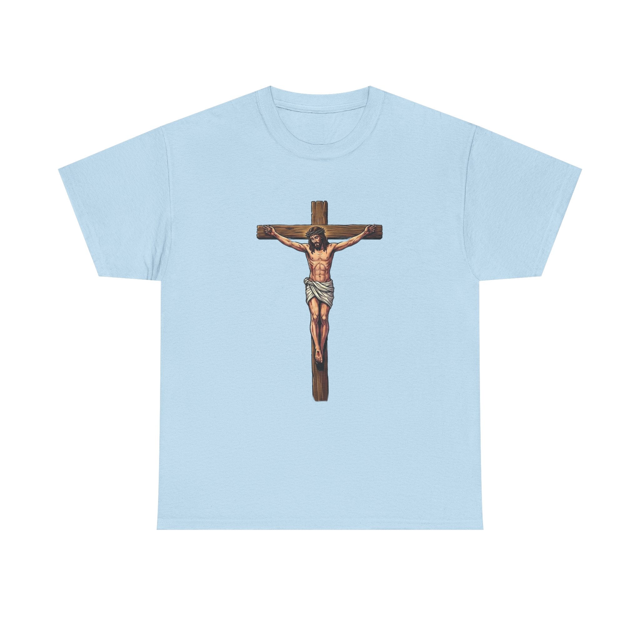 Light blue t-shirt with a graphic of a crucifixion on a white background