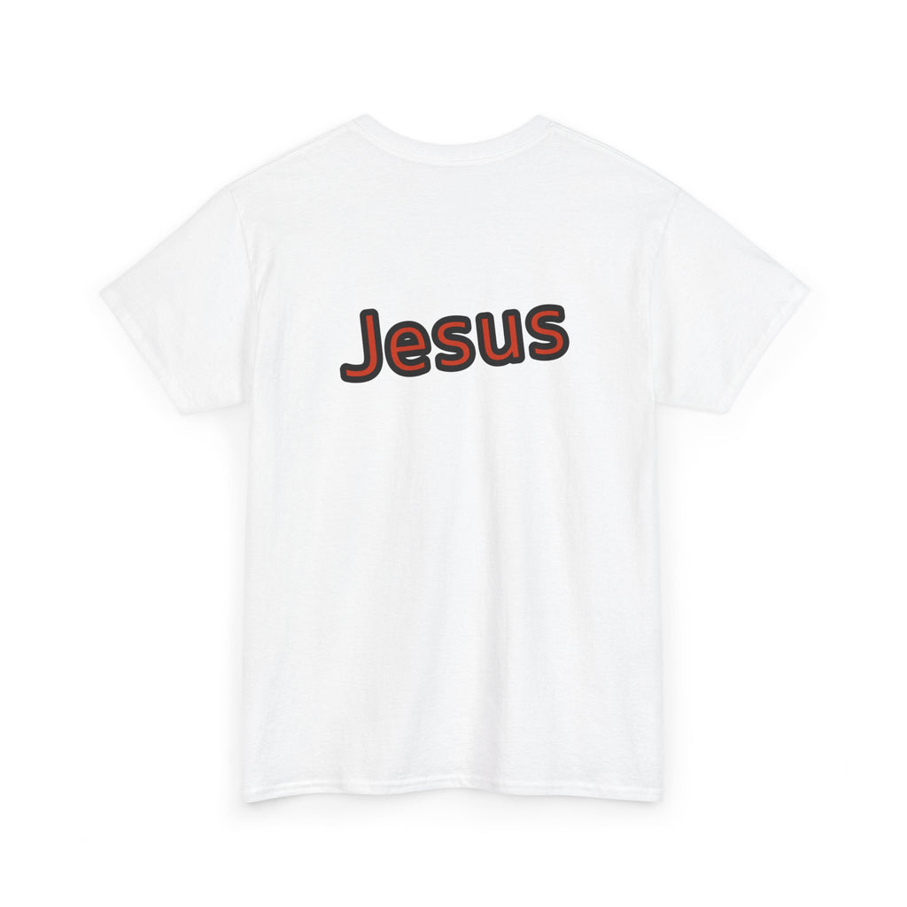 White t-shirt with 'Jesus' printed on the back against a white background