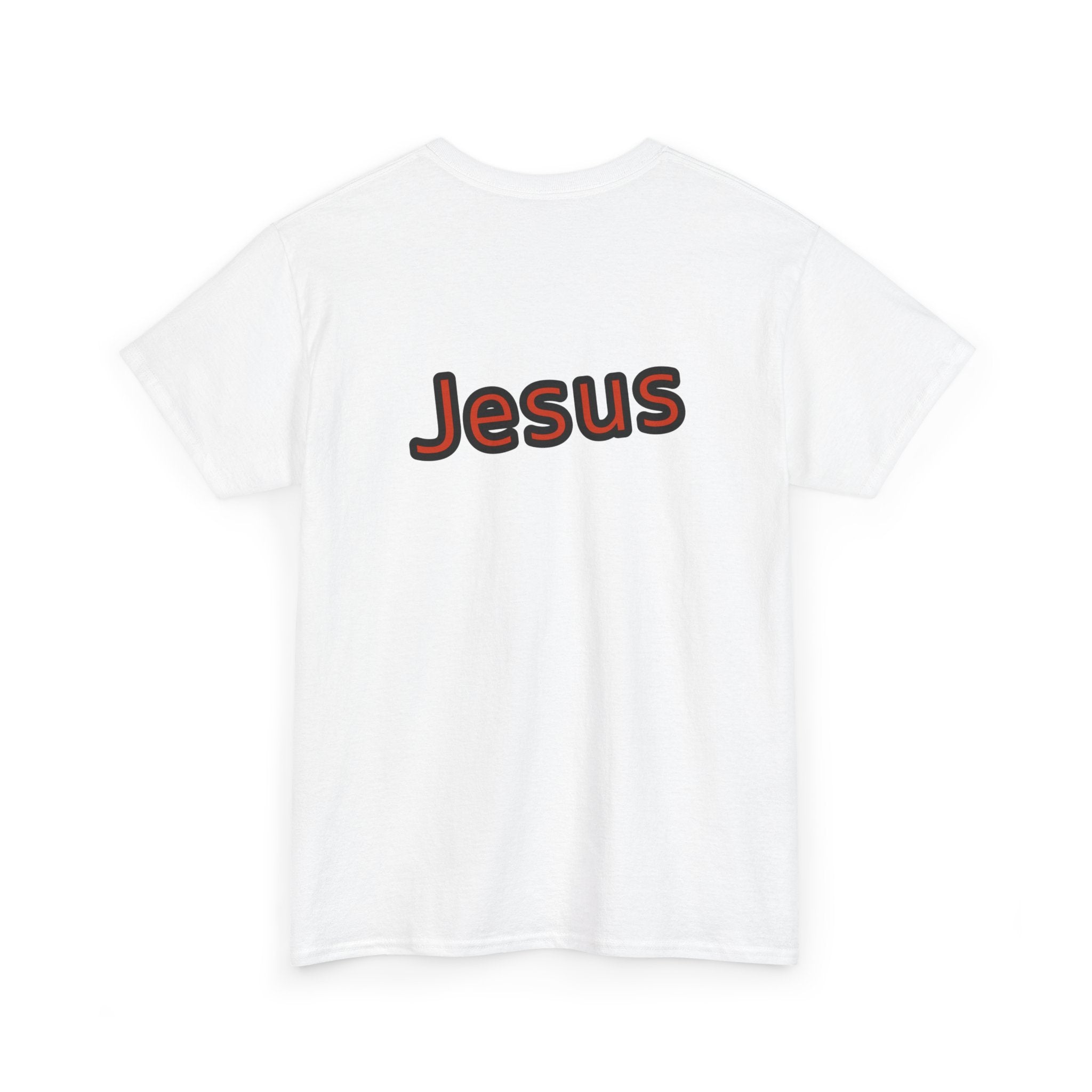 White t-shirt with 'Jesus' printed on the back against a white background