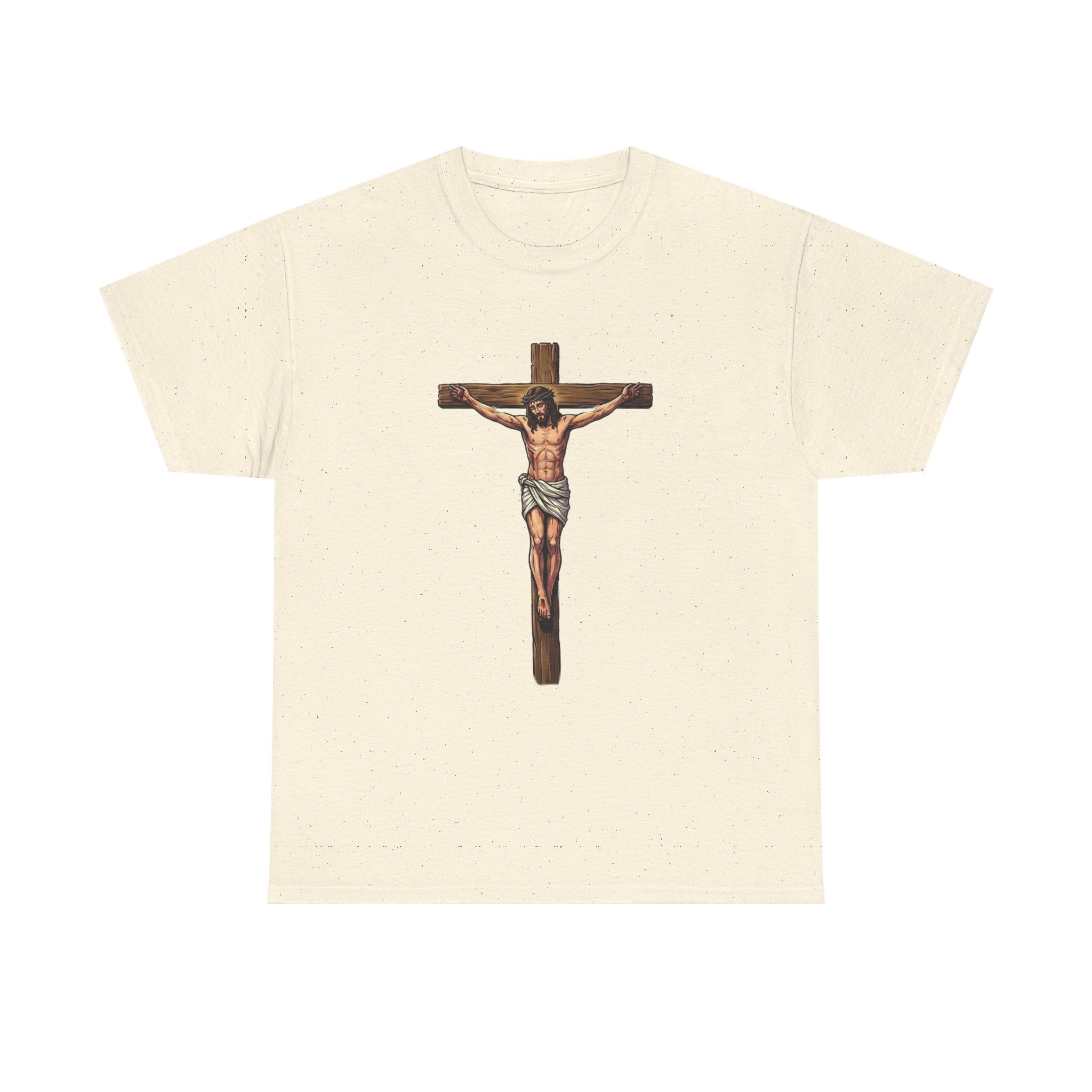 Beige t-shirt with a graphic of a crucifixion on a white background