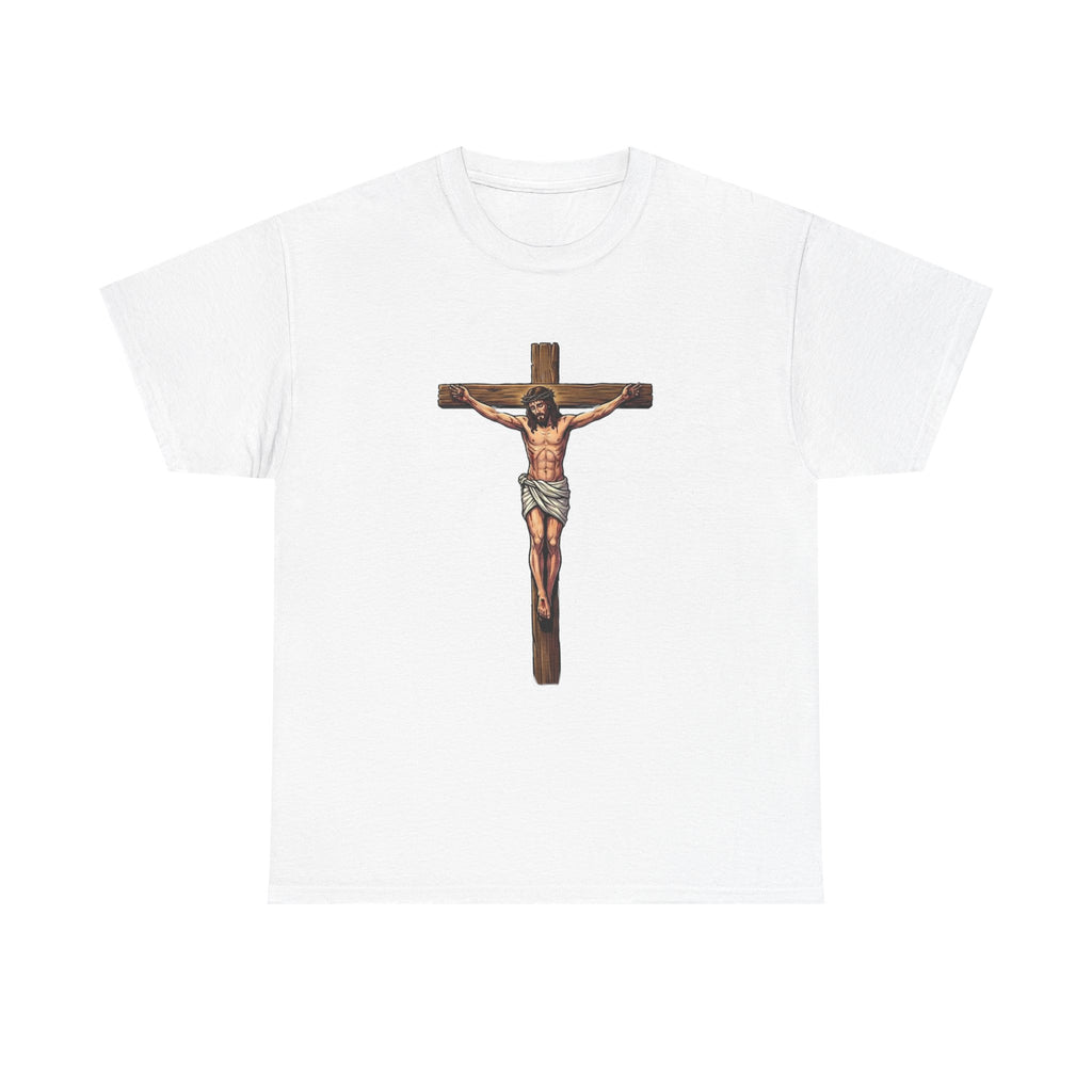 White t-shirt with a wooden cross and figure design on a white background