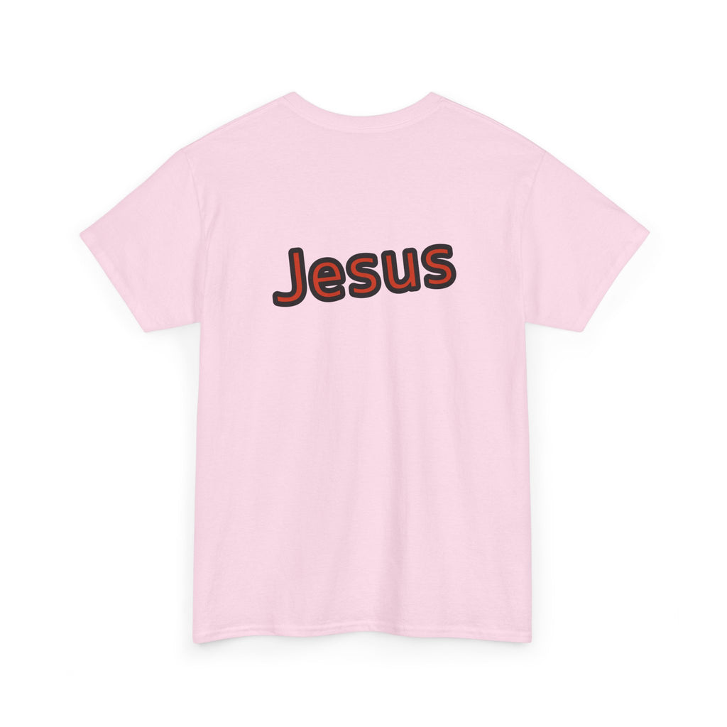Pink t-shirt with 'Jesus' printed on the back against a white background