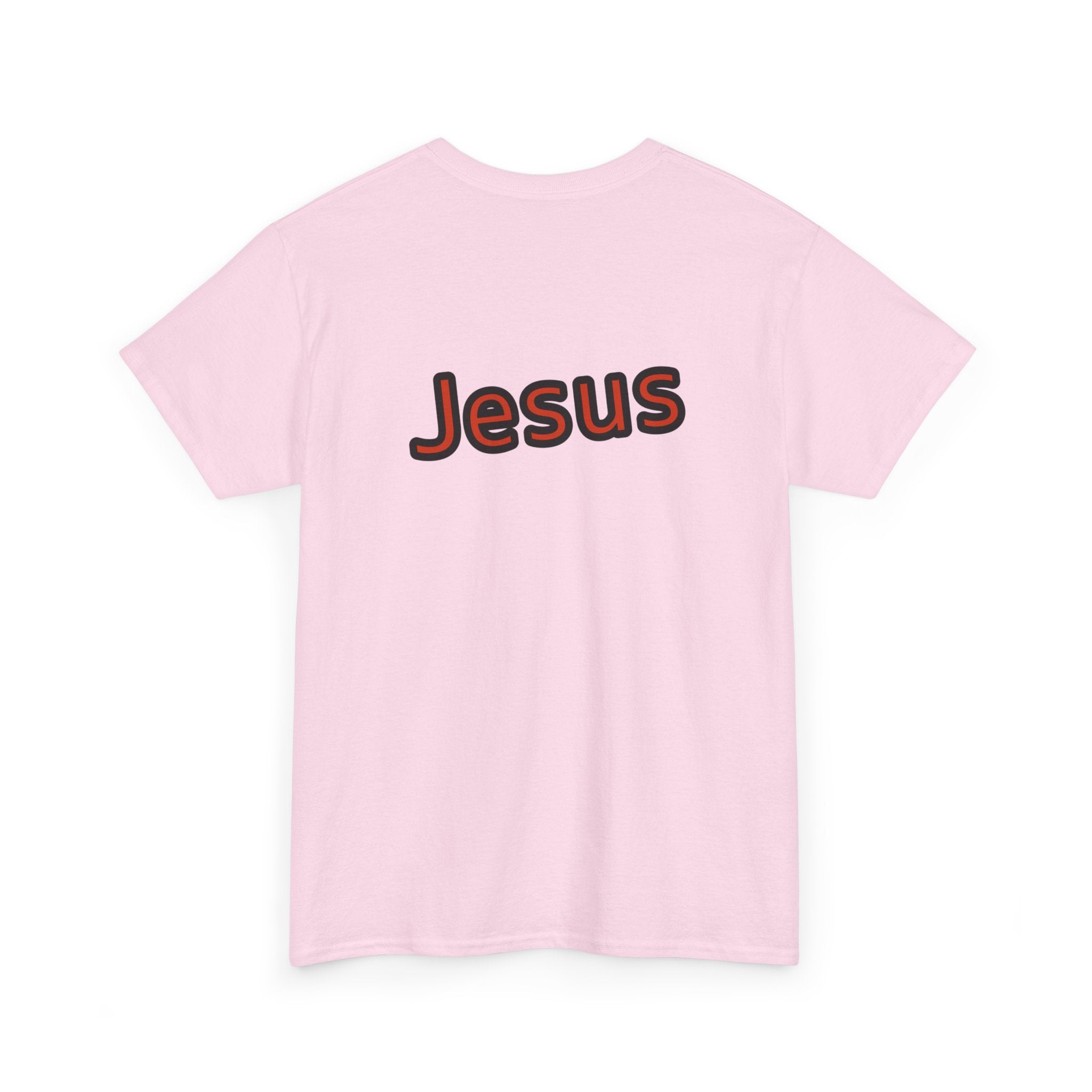 Pink t-shirt with 'Jesus' printed on the back against a white background