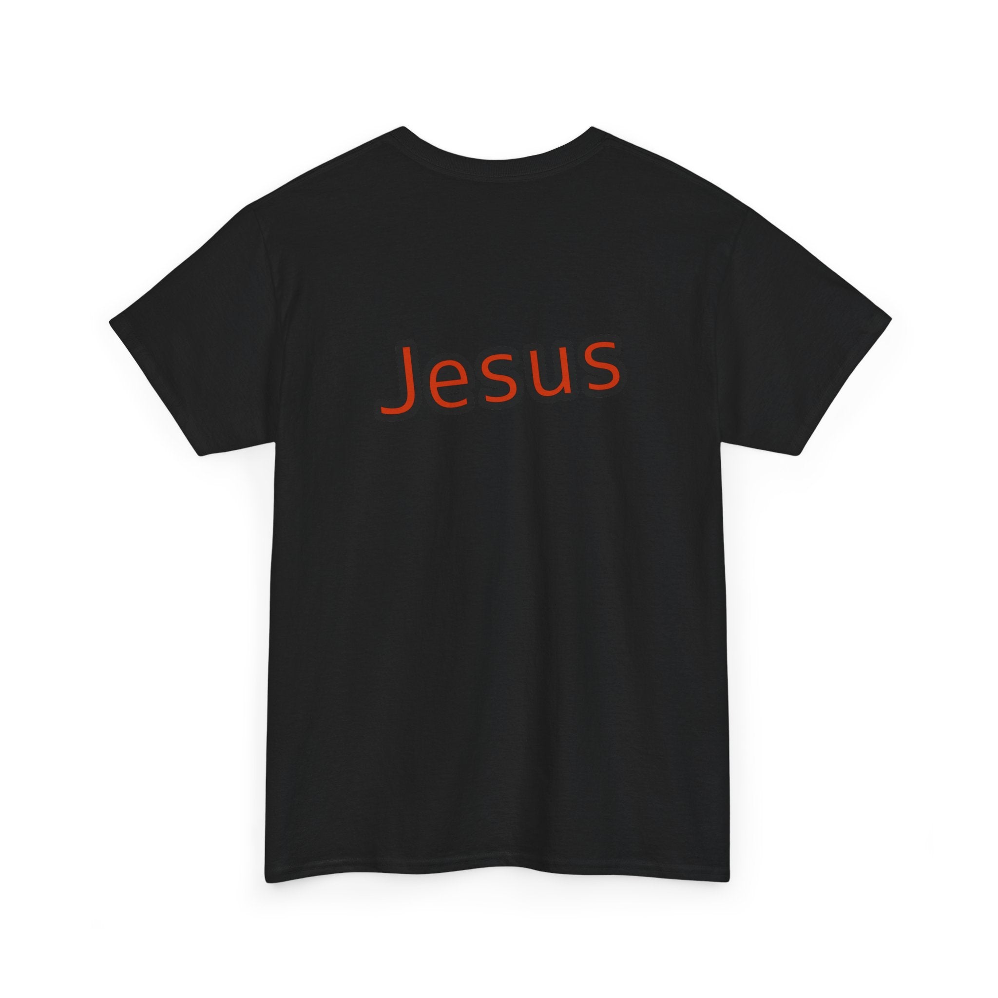 Black t-shirt with 'Jesus' printed in red on a white background