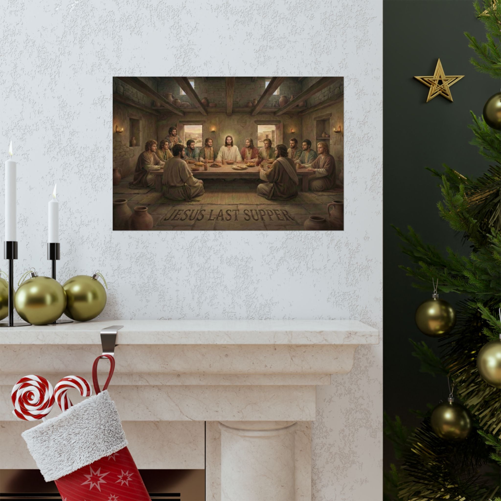 Festive setting with a Christmas tree and 'Jesus Last Supper' artwork on a wall.