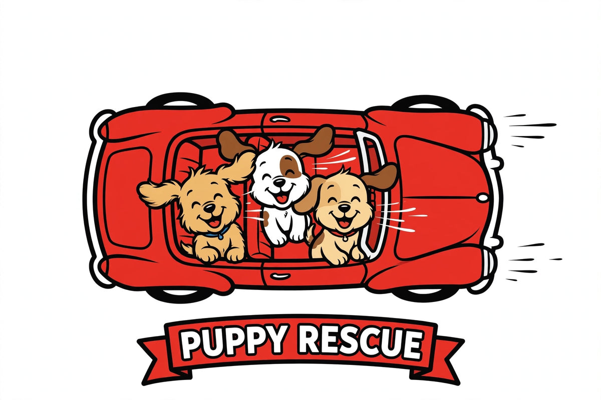 Puppy Rescue t-shirt graphic - red car with puppies