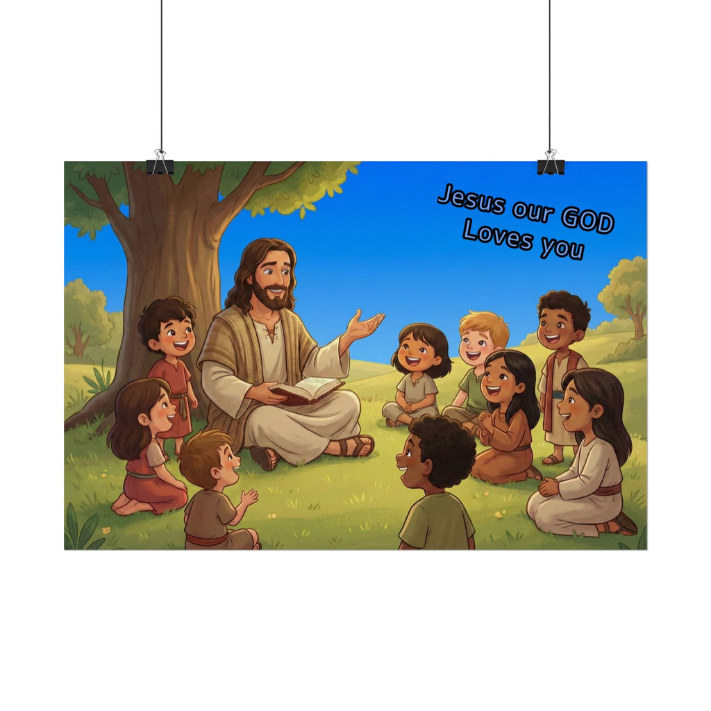 Illustration of Jesus with children under a tree, with text 'Jesus our GOD Loves you'.