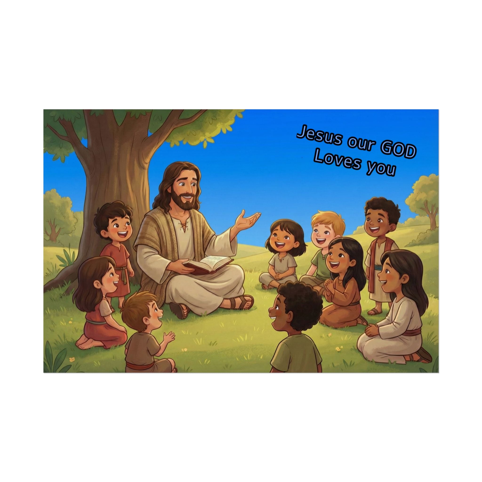 Illustration of Jesus with children under a tree, with text 'Jesus our GOD Loves you'.